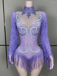 Stage Wear Style Purple Sparkly Rhinestone Women Jumpsuit Sexy Transparent Mesh Tassel Suit Performance Nightclub Show Outfit