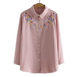 4XL Plus Size Shirt Spring Chest Embroidery Flower Tops Loose Long Sleeve Cotton Blouses Curve Clothes 240419