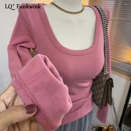 Women's T Shirts LQFunwink U Neck Slim Women Autumn Winter Top Long Sleeve Fleece Lined Tops Korean Style Skinny Solid Shirt