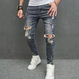 Ripped Skinny Men Pencil Jeans Pants Stylish Male Hip Hop Speckle ink Printed Holes Distressed Stretch Denim Trousers For Mens 240417