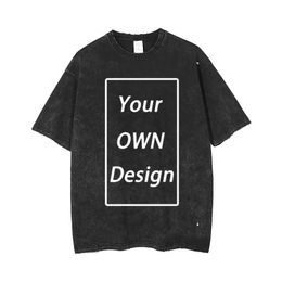 Summer Retro Mens Tops Custom You Own Design Printed 100% Cotton Washed T-shirts Casual Streetwear Tees Unisex Oversize Clothes 240420