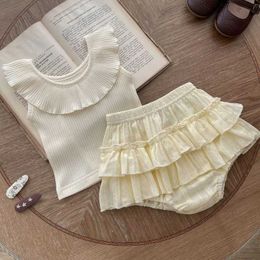 Clothing Sets 2024 Baby Vest Summer Infants Cotton Backless Sleeveless Ruffle Collar Top Newborn Girl Princess Shorts H240423