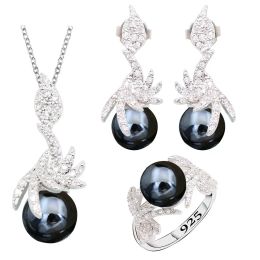 Necklaces Black Pearl Silver Colour Jewellery Sets for Women Earrings Necklace Pendant Ring New Arrival