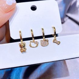 Earrings MIGGA 4pcs Cute Cartoon Bowknot Cat Hanging Hoop Earrings Set for Women Gold Color Cubic Zircon Gift Jewelry