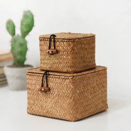 Baskets Bamboo Rattan Woven Storage Basket Hand Made with Lid Storage Box Home Retro Packaging Box Desktop Organisation