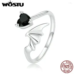 Cluster Rings WOSTU 925 Sterling Silver Retro Devil Wing Open Ring For Women Exquisite Black Heart Zircon Fine Anniversary Jewellery