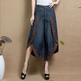 Women's Jeans 2024 Summer Women Casual Asymmetry Cotton Denim Embroidery Calf-length Pants Loose Button Wide Leg P666