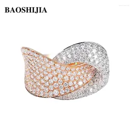 Cluster Rings BAOSHIJIA Solid 18k White & Rose Gold Ring Wedding Band Lrregular Crossing Luxurious Natural Diamonds Engagement