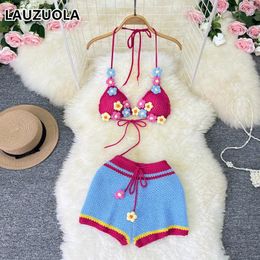 Work Dresses Beach Holiday Style Hollow Out Crochet 3D Flower Knit Shorts Set 2024 Summer Fashion Two Piece Bra Bikini