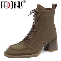 Boots FEDONAS 2024 Women Ankle Thick High Heels Genuine Leather Cross-Tied Shoes Woman Autumn Winter Office Ladies Fashion