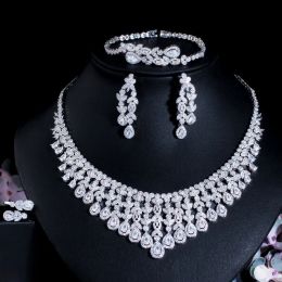 Necklaces CWWZircons Super Luxury Tassel Leaf Drop Big Chunky Wedding Necklace Dubai White Gold Plated 4pcs Jewellery Sets for Brides T647