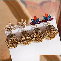 Dangle & Chandelier Luxury Rhinestone Crystal Flowers Drop Earrings For Women Vintage Golden Carved Bells Tassel Wedding Delivery Jew Dhbxj