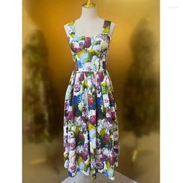 Casual Dresses Wide Shoulder Straps V Neck Bare Back Draped Mid-Calf Floral Print Cotton Dress Women Summer Sundress Style