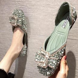 Casual Shoes Rhinestone Bow Flats Women Korean Style Shallow Mouth Square Head Soft Bottom Single Slip On Loafers Zapatos De Mujer