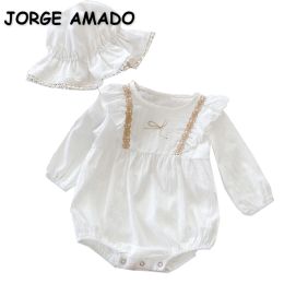 One-Pieces 2022 New Spring Baby Girl Bodysuit Flare Long Sleeves White Round Collar Cotton Jumpsuit+Cap Newborn Clothes E2533