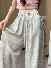 Women's Pants Chinese Style Satin Printed Ink Wide Leg Summer High Waist Dumping Casual Lazy