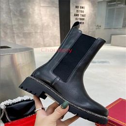 Boots Top Quality Genuine Leather Boot Spring Autumn Thick Bottom Short Tube Black Solid Colour Shoes Slip On Brand Flat Booties