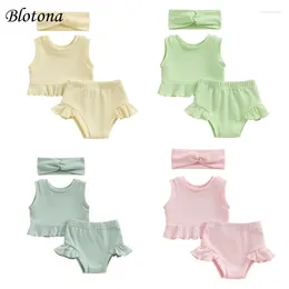 Clothing Sets Blotona Baby Girls 3Pcs Summer Outfits Solid Colour Sleeveless Tank Tops Ruffled Shorts Headband Set Born Clothes