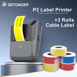 DETONGER P2 Mini Thermal Printer Plus 3 Rolls Cable Label Portable Wireless BT Office Business Cable sticker Printer 240418