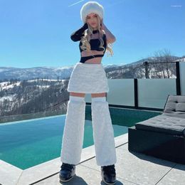 Work Dresses 2024 Winter White Plush Cashmare 2 Piece Sets High Waist Mini Skirts Leg Covers Fashion Warm All Match Streetwear Suits