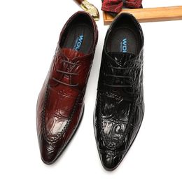 Dress Shoes Crocodile Pattern For Men Formal Genuine Leather Elegant Man Black Burgundy Lace Up Wedding Pointy Oxford Shoe