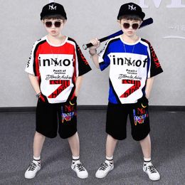 Clothing Sets Boys Korean Summer 2024 Fashion Smart Short Sleeve Letters Print Patchwork 2 Pieces Outfit Teenager Clothes