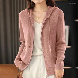 Women's Knits Spring And Autumn Solid Colour Fashionable Hooded Cardigan Sweater Ladies Advanced Sports Wool Zipper Loose