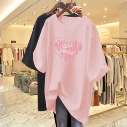 Pink T-shirt womens summer short sleeved 2024 new love pure cotton medium length loose European T-shirt clothes ins