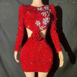 Stage Wear Sparkly Red Sequins Rhinestones Short Dress Women Sexy Hollow Waist Party Evening Celebrate Birthday Festival Gowns