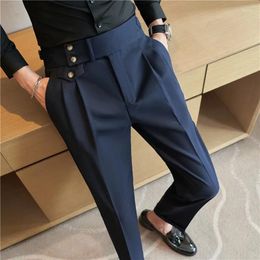 Men's Suits British Style Pants Men High Waist Belt Design Casual Slim Formal Office Dress Pant Social Wedding Party Suit Trousers