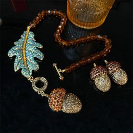 Necklaces FYUAN Vintage Leaf Crystal Necklaces for Women Geometric Rhinestones Pinecones Pendant Necklaces Party Jewellery