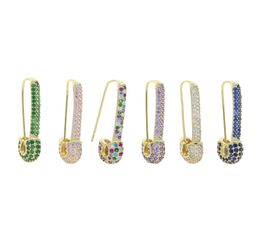 Whole Rainbow Colourful Wedding Earring Paved White Pink Green Blue Cz Unique Paperclip Safety Pin Stud Earings Women Fashion J7975547