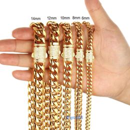 Bulk Diamond Spring Clasps Fashionable Men Gold 6mm 8mm 10mm 12mm 14mm Necklaces Plated Miami Cuban Link Chain Zircon N094