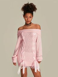 Casual Dresses Women S Off Shoulder Sweaters Dress Long Sleeve Ribbon Cross Tie-up Cable Knit Pullover Fall Winter Jumper Tops