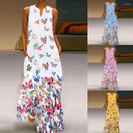 Casual Dresses Spring And Summer Fashion European American Style Ink Painting Butterfly Print Dress V Neck Sleeveless Pocket