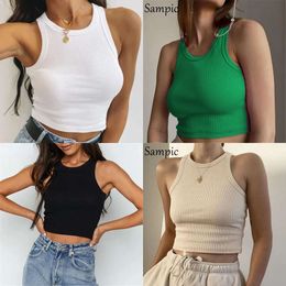 Knitted Bornsra Summer Ribber Sleevless T Shirt Tops Women Casual Khaki White Crop Club Short Skinny Tank Top Fashion 220316 ops ank op