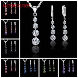 Necklaces 925 Silver Needle Pendant Necklaces Hoop Earrings Set Fashion Jewellery Round CZ Crystal Women Girls Engagement Anniversary