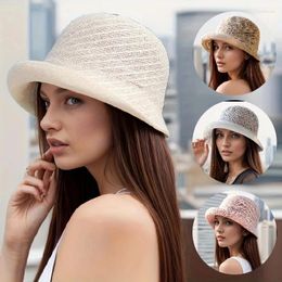 Berets Rhinestone Flower Decorative Bucket Hat Monochrome Rolled Edge Basin Summer Stylish Versatile Sun Suitable For Travel