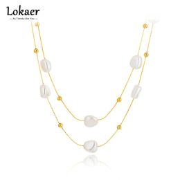 Necklaces Lokaer 18K Gold Plated White Pearl Wedding Necklaces For Women Girls Stainless Steel Double Layer Choker Necklace Collier N22160