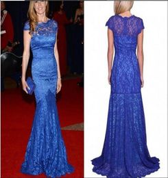 Royal Blue Lace Mermaid Evening Gowns Celebrity Dresses 2015 New Sheer Cap Sleeves Long Formal Prom Dress Cheap Vestidos de Festa9308406