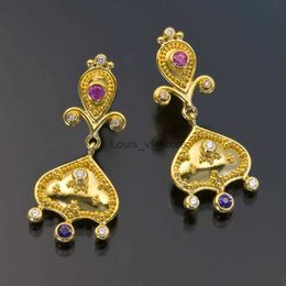 Dangle Chandelier Vintage Creativity Gold Color Carving Heart Earrings Classic Metal Inlaid Blue Purple Stone H240423