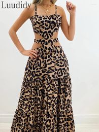 Casual Dresses Women Sexy Spaghetti Strap Hollow Out Leopard Party Maxi Dress