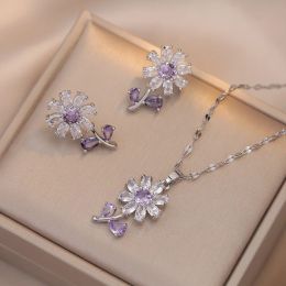 Necklaces Ins Plant Sunflower Stud Earrings and Pendants Stainless Steel Chains Necklaces For Women Purple Zircon Collar Jewellery Sets Gift