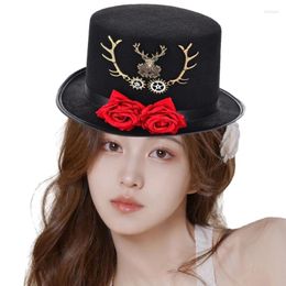 Berets Vintage Steampunk Flat Top Hat With Gear Antler Fedora Masquerade Party Accessories Cosplay Costume Dress Up Decor