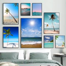 Vintage Summer Beach Seawater Canvas Painting Ocean Palm Trees Sunny Nordic Wall Art For Modern Living Room Home Decoration