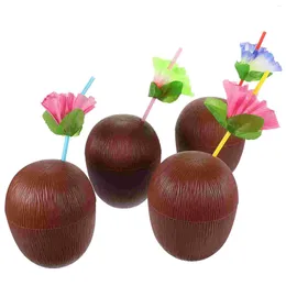 Wine Glasses 4 Pcs Coconut Shaped Cups Beach With Straws Gifts Hawaiian Party Drinking Luau Birthday Cocktail Decor Plastic