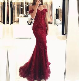 red Sexy Off The Shoulder Long Mermaid Evening Dresses Lace Applique Robe De Soiree Longue Formal Gowns Abiye Gece Elbisesi