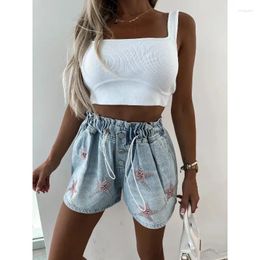 Women's Jeans Wepbel Leisure Rhinestone Elastic Waist Denim Shorts Y2K Fashion Streetwear Short Women Summer Straight