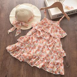 Girl Dresses 2024 Summer Flower Kids Girls Chiffon Floral Sling Skirt Bohemian Beach Resort Style Dress Fshion Clothes