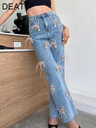 Women's Jeans Women High Waist Big Diamonds Pink Feahers Loose Minority Design Wide Leg Denim Pants 2024 Autumn Fashion 29L2976